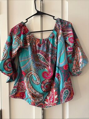 Off-Shoulder Paisley Print Blouse in Teal & Pink